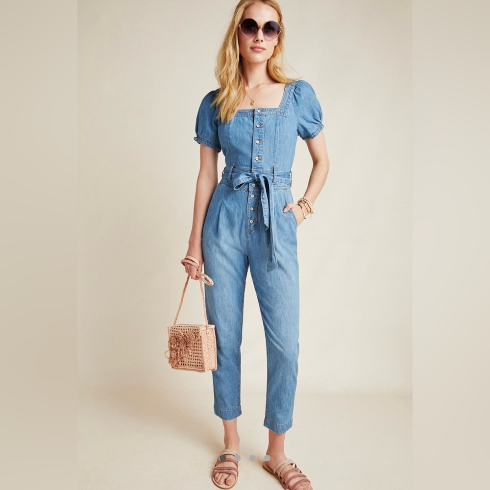 Anthropologie Pilcro Denim Puff Sleeve Square Neck Belted Aimee Jumpsuit Size 0